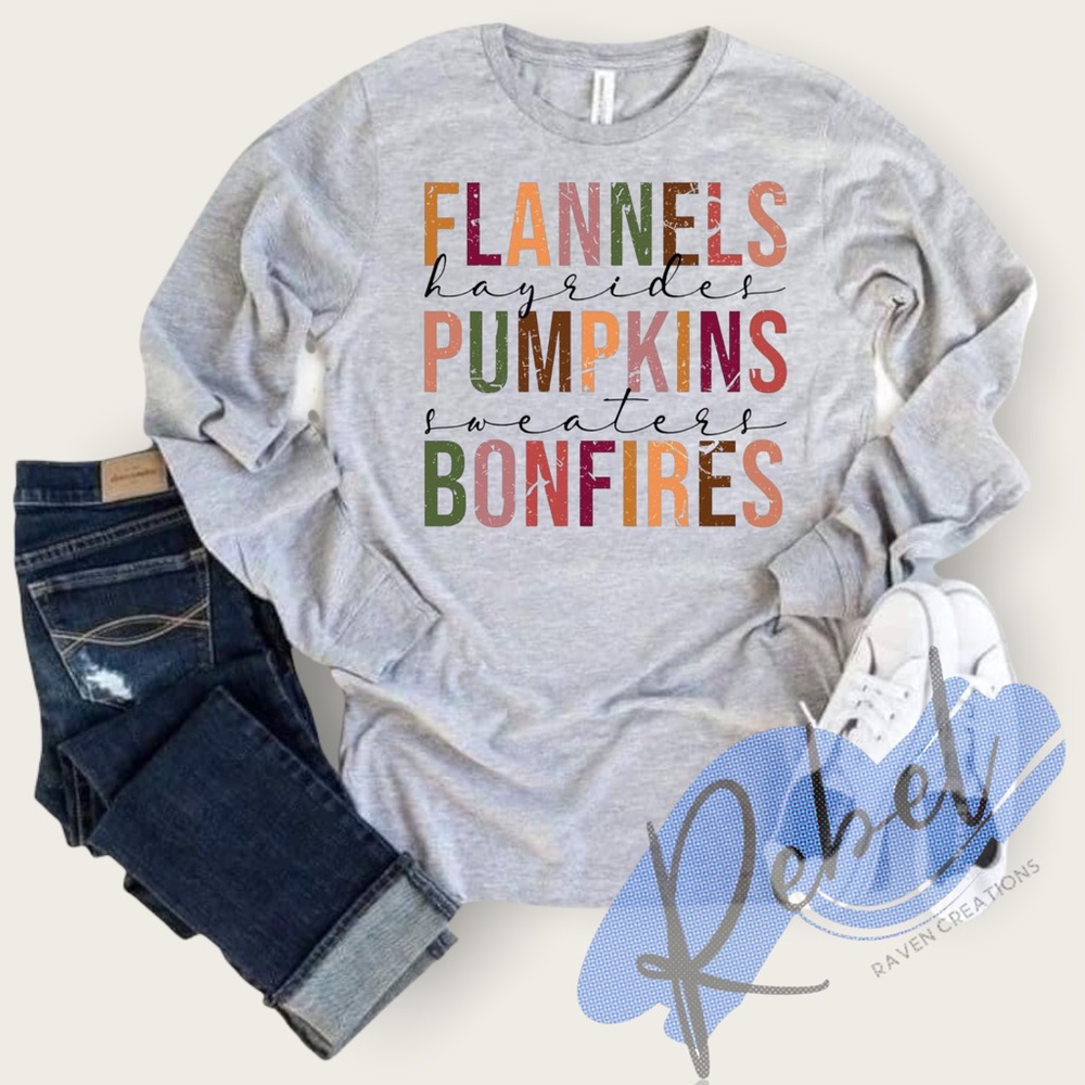Flannels Pumpkins Bonfires Long Sleeve Tee